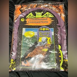 VTG Halloween Inflatable tombstone grave skeleton black cat 3D Graveyard 1999